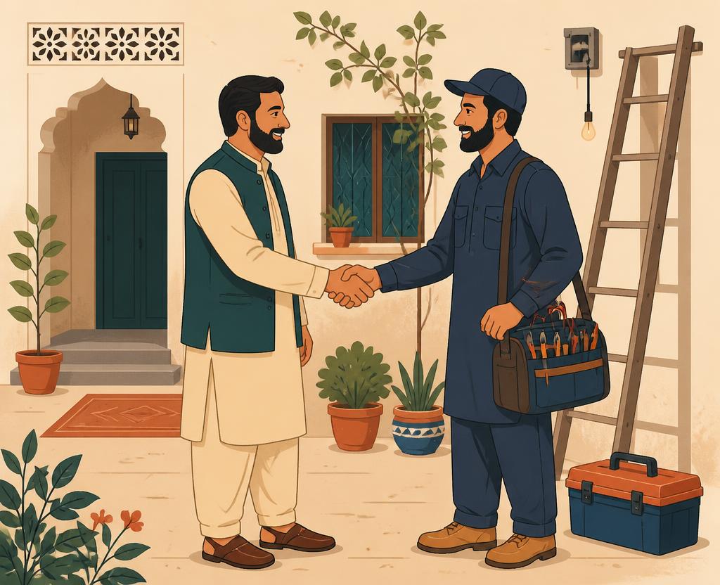 A homeowner shaking hands with a skilled electrician outside a house